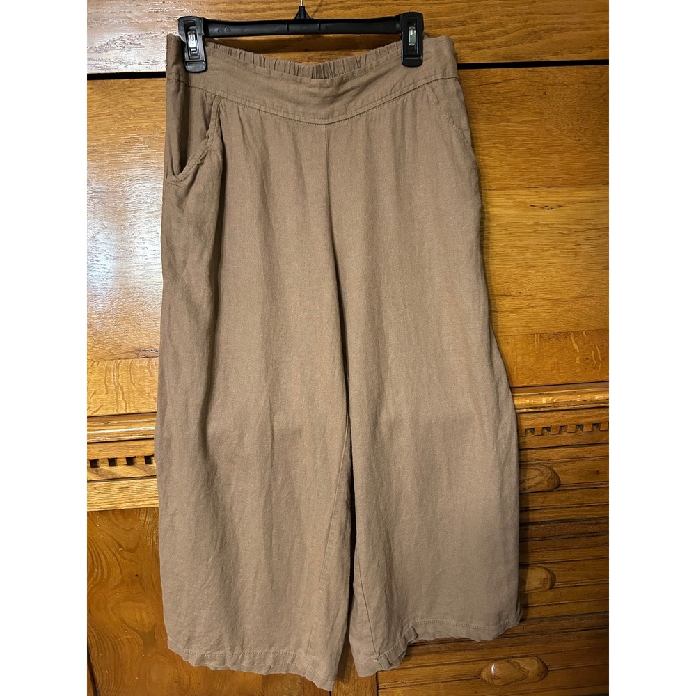 Max Studio London Boho Chic Lagenlook Tan Linen Blend Wide Leg Crop Pants Large